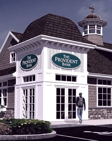 provident bank original storefront with man entering