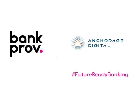 BankProv logo, Anchorage Digital logo with hashtag future ready banking demonstrates partnership for ethereum -backed loans